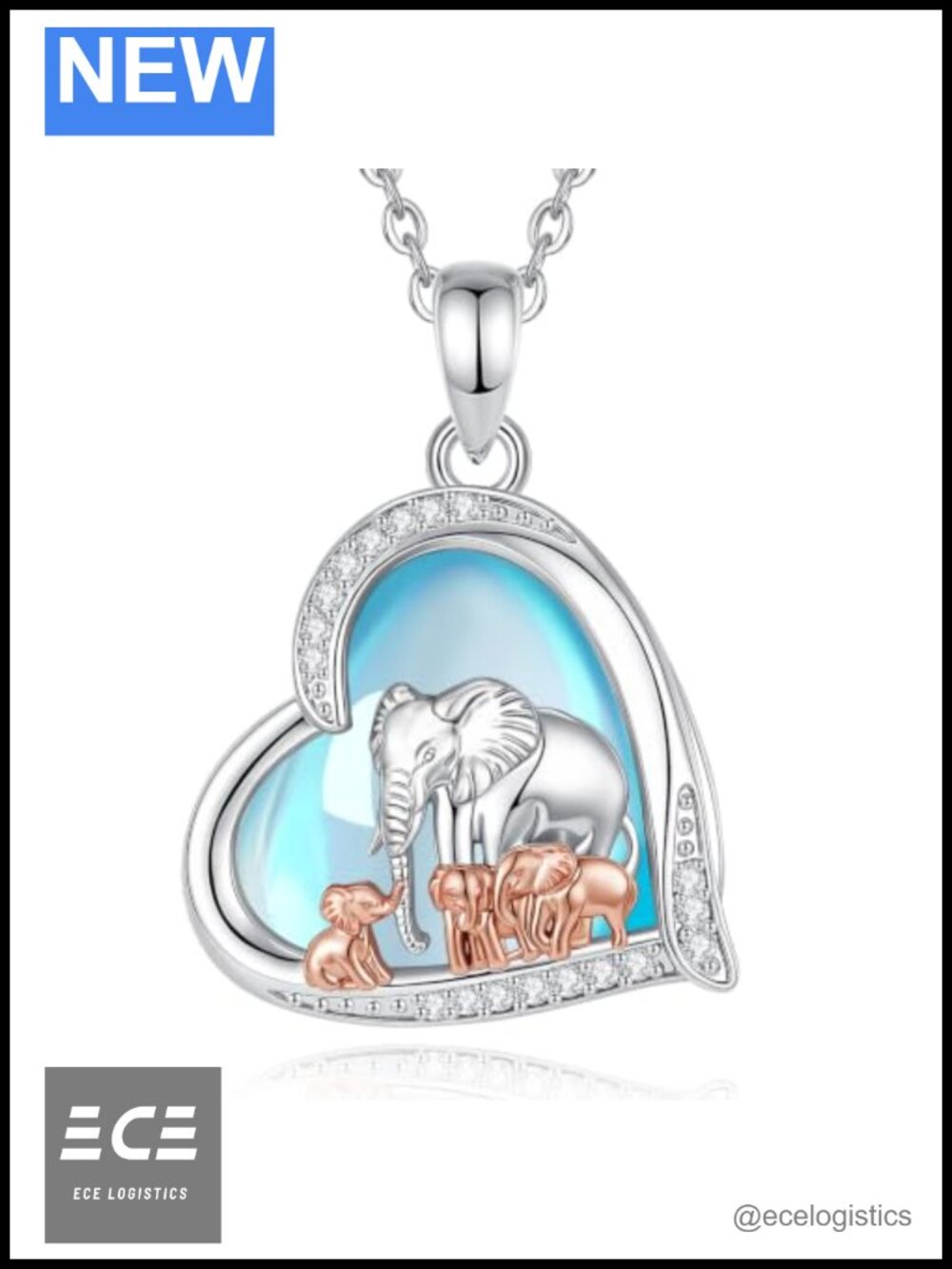 Moonstone Elephant Mom Heart Pendant Necklace Rhodium Plated Copper